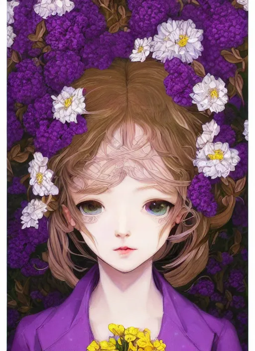 Image similar to elf girl wearing an flower suit, soft hair. light color palate, purple, yellow and white. detailed soft painting, ayami kojima, made in abyss, anatomically correct, ilya kuvshinov, inspired in balthus, high detailed face anime, vogue magazine, glorious composition, mobile wallpaper