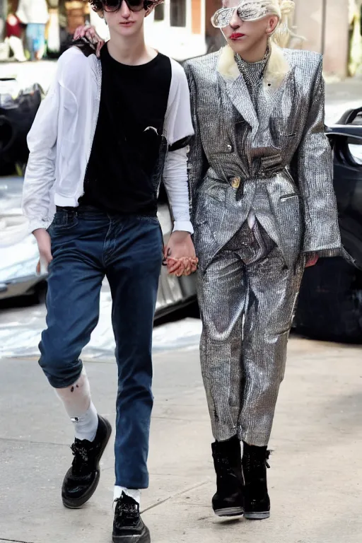 Image similar to timothee chalamet and lady gaga holding hands posing together, beautiful detailed faces, highly realistic, paparazzi photo, canon eos, featured, flash lighting