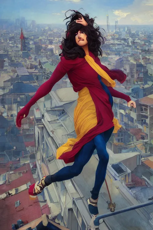 Image similar to A dynamic shot of Kamala Khan on a rooftop. MCU. masterpiece 4k digital illustration by Ruan Jia and Mandy Jurgens and Artgerm and greg rutkowski and Alexander Tsaruk and WLOP and william-adolphe bouguereau, award winning, Artstation, art nouveau aesthetic, Alphonse Mucha background, intricate details, realistic, panoramic view, Hyperdetailed, 8k resolution, intricate art nouveau