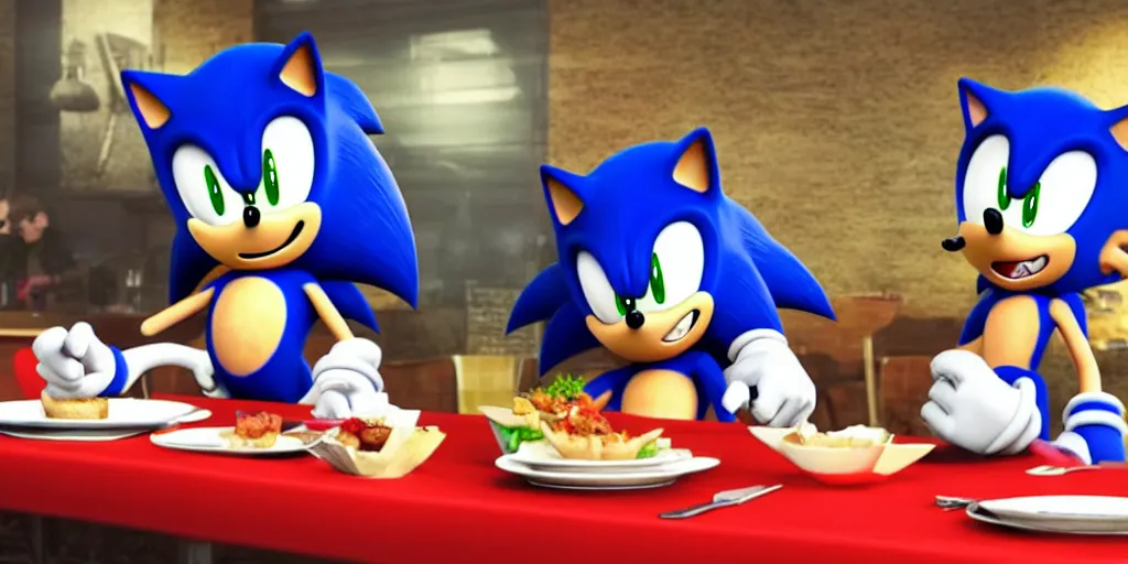 Image similar to A render of Sonic the Hedgehog sitting across from Shadow the Hedgehog at a restaurant, Sonic looks like he is shocked, Shadow is looking away in disgust, they both have hamburgers in front of them on a plate, movie, HDR, moody lighting, unique camera angle from the end of the table and between the two of them, candle lighting