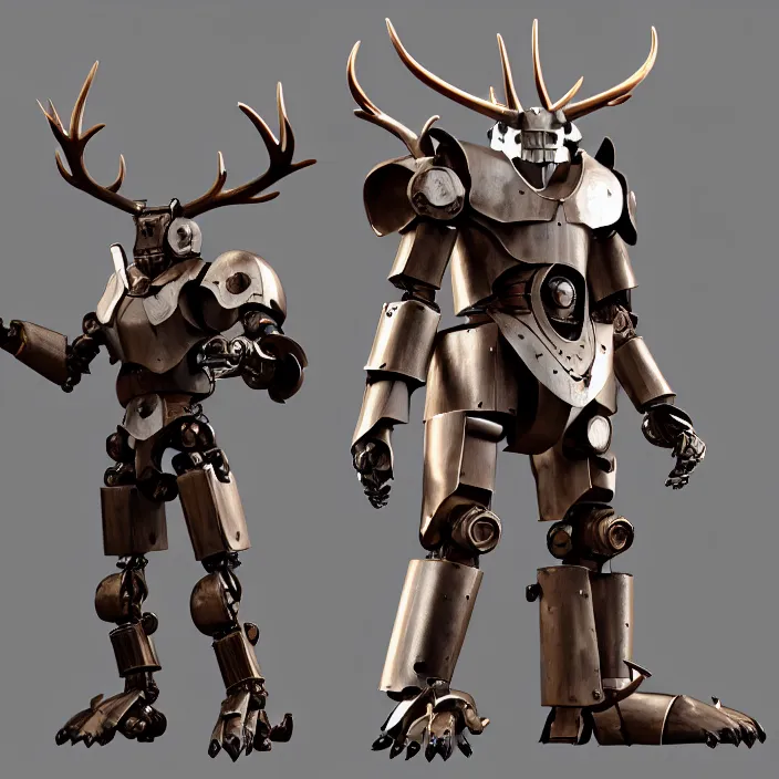 Prompt: warforged druid male anime character, wolf armor, wooden antlers, made of wood, made of metal, large robot, wolves, knight, medieval castle, wolf pack following, 3 d render beeple, realistic detailed octane render, pop up parade figure