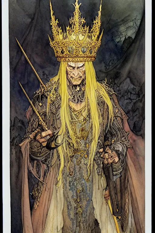 Prompt: a realistic and atmospheric watercolour fantasy character concept art full body portrait of an evil king with a black crown looking at the camera with an intense gaze by rebecca guay, michael kaluta, charles vess and jean moebius giraud