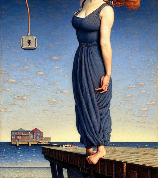 Prompt: a fancy beautiful young lady standing on a wharf at the edge of the sea by rob gonsalves and brom and gil elvgren and jean delville and william blake and norman rockwell and dan mumford, crisp details, hyperrealism, high detail, high contrast, low light, grey mist, cobblestones, dim lantern