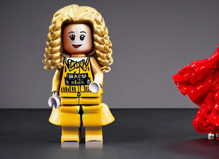 Prompt: product photo still of drew barrymore dancing for david letterman lego playset, 8 k, 1 2 0 mm macro, f 1. 8, studio lighting, key light