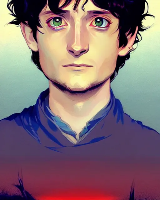 Image similar to poster Anime playing Elijah Wood as Frodo || cute-fine-face, pretty face, realistic shaded Perfect face, fine details. Anime. realistic shaded lighting by Ilya Kuvshinov katsuhiro otomo ghost-in-the-shell, magali villeneuve, artgerm, Jeremy Lipkin and Michael Garmash and Rob Rey Elijah Wood as Frodo