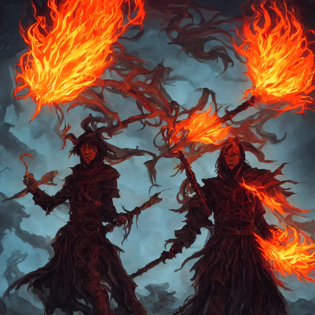 Image similar to dungeons and dragons official art of a lone male fire genasi wizard with pitch black skin, flaming hair, glowing orange eyes, wearing black wizard robes, smug smile, holding a wooden staff, standing proudly in front of barren plains in background, official print, book cover art