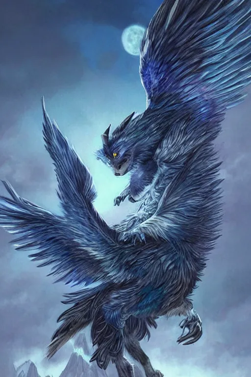 Image similar to blue feathered wolf with wings on a beautiful fantasy landscape, facing front, hills, mountains, moonlit, hd, illustration, epic, d & d, fantasy, intricate, elegant, highly detailed, digital painting, artstation, concept art, smooth, sharp focus, illustration, wallpaper, art by artgerm and greg rutkowski and alphonse mucha and jin xiaodi