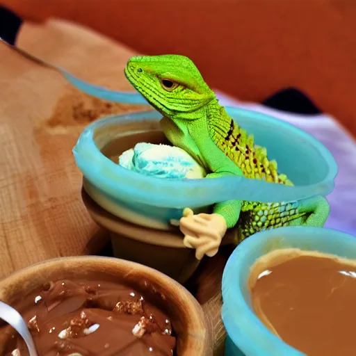 Prompt: Lizard licking Ice cream with caramel topping