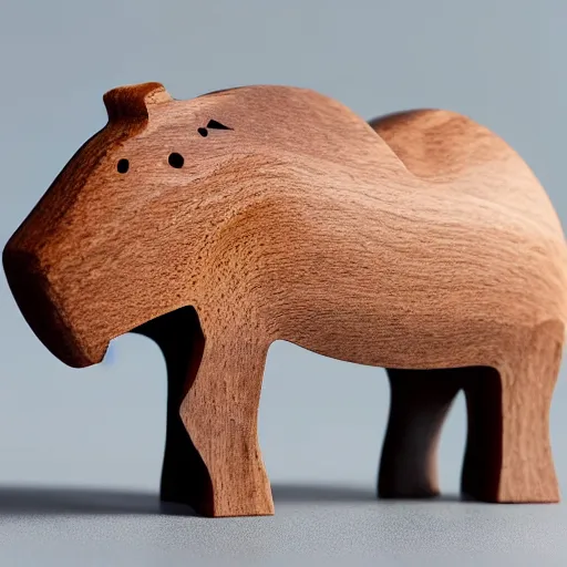 Image similar to a zoomed out studio product shot of a minimalist carved hippopotamus, carved from a glued block of 5 0 % cherry wood and 5 0 % blue resin, in profile, like a catalog photograph, mostly wood, with a smooth featureless minimalist look