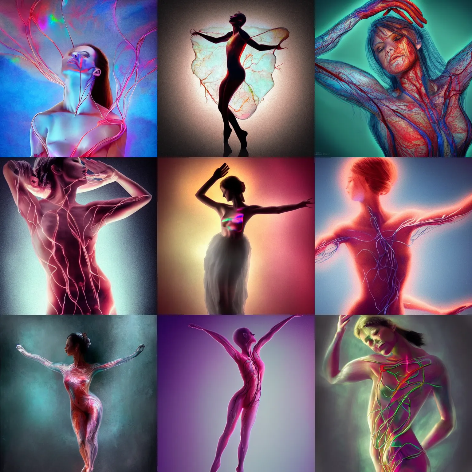 Prompt: a beautiful translucent dancing woman with her veins and heart showing, concept art, atmospheric, realistic, photo realistic, iridescent colors
