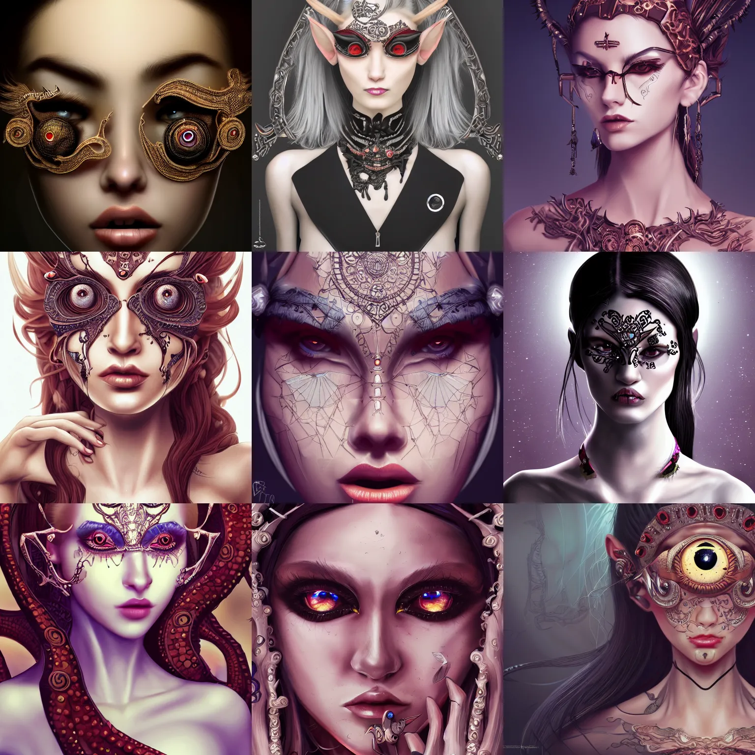 Prompt: Concept art of woman with 8 eyes, intricate details, fashion, studio lighting, monstergirl, beautiful, 4K digital art, trending on artstation
