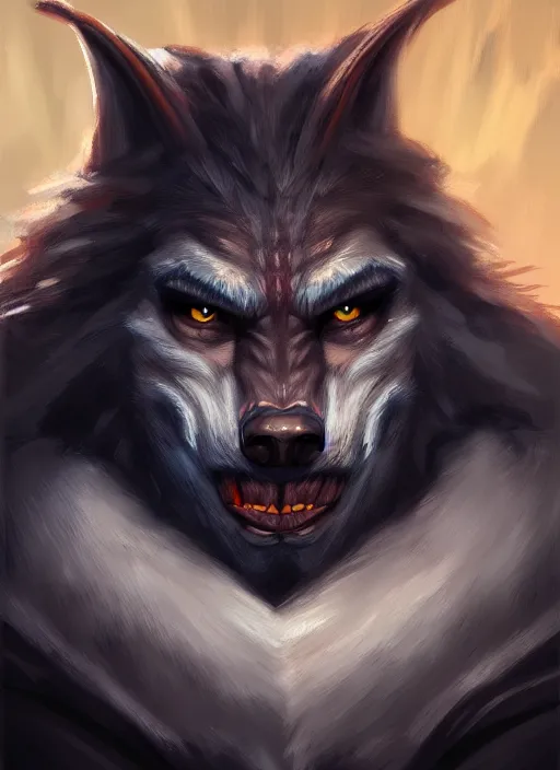 Image similar to portrait painting of werewolf king, acrylic, daz. detailed, portrait, oil painting, artstation, unreal 5, hd, artgerm, dnd, rpg