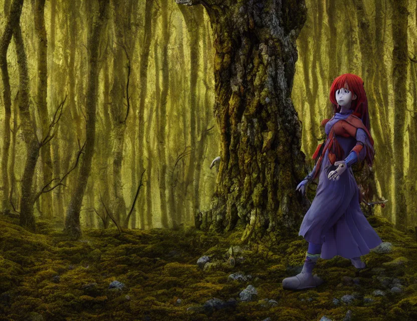 Prompt: ravenfolk woman wandering in the lichen woods. safe for work, complementary colors, anime still, luminescent, 3 d render, 4 k, rimlight.