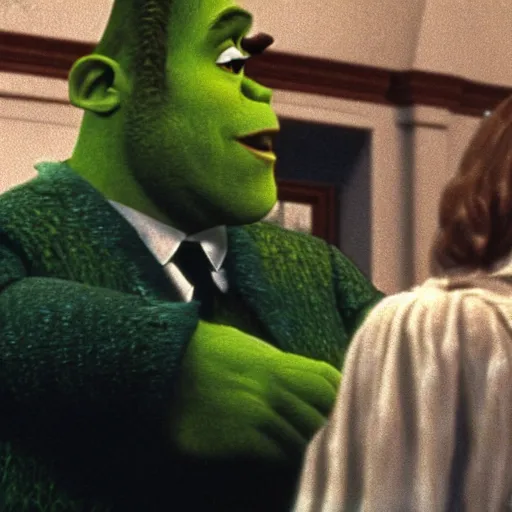 Prompt: movie still, shrek as michael in the godfather, film grain, realistic photo, technicolor, 1 9 8 0 s, old movie, 1 6 mm