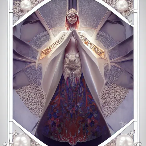 Image similar to a realistic symmetrical queen with a decorated dress made of white pearls , highly detailed, digital painting, Trending on artstation , HD quality, by artgerm and greg rutkowski and alphonse mucha, dramatic light, octane