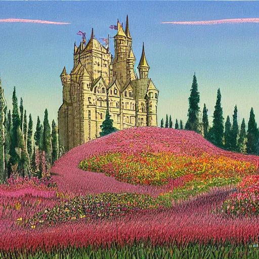 Image similar to a beautiful painting of a large castle towering above a field of flowers and birch trees by moebius