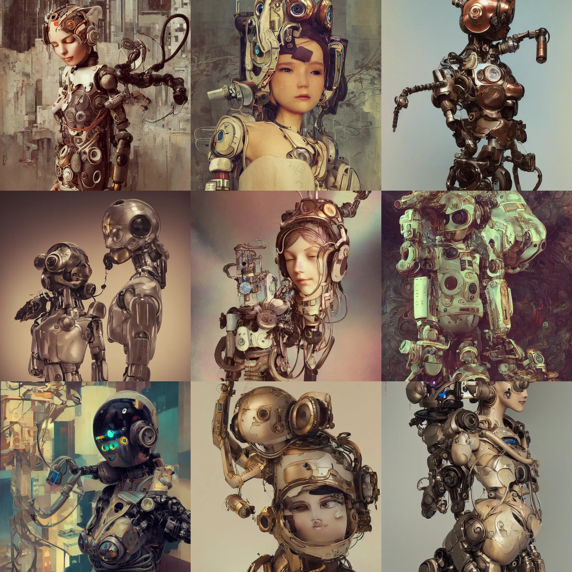 Prompt: 8k octane rendre photorealistic detailed ,a wooden sculpture art toys on feet very cute robot with cat ears ,zen méditation cyberpunk , a contemporary art gallery art , cyberpunk ,cgsociety ,by Alphonse Mucha