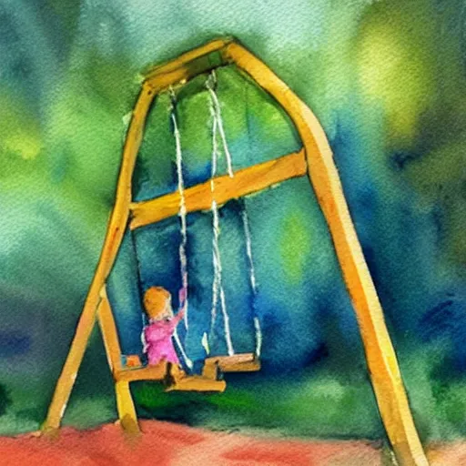 Image similar to watercolor. a swing set with a child enjoying themselves. blurry. visible brushstrokes.