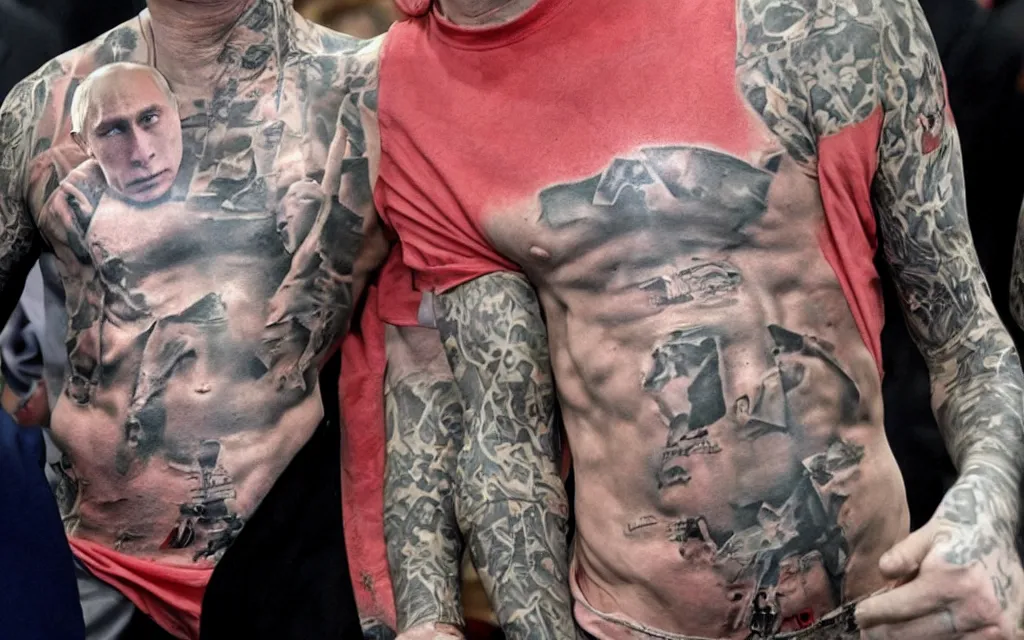 Image similar to famous photo of vladimir putin with torso covered with criminal tattoo photo dy journalists