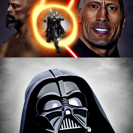 Prompt: dark vador with an army of dwayne johnson, realistic, star wars, hyperrealistic