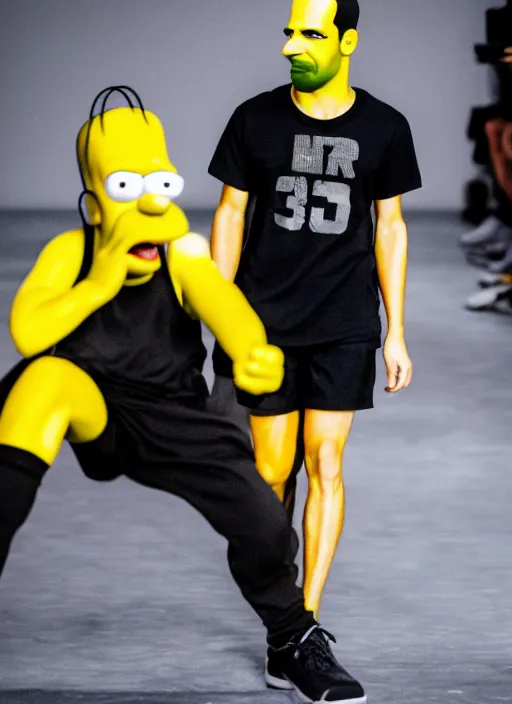 Image similar to hyperrealistic and heavy detailed air jordan runway show of homer simpson, leica sl 2 5 0 mm, vivid color, high quality, high textured, real life