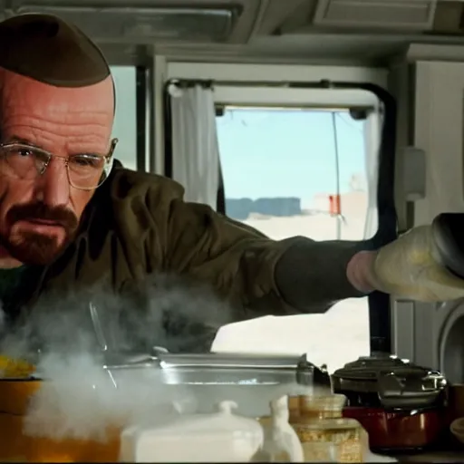 Image similar to film still of kim kardashian as walter white cooking meth inside an rv, in the tv show breaking bad, full-shot, 4k