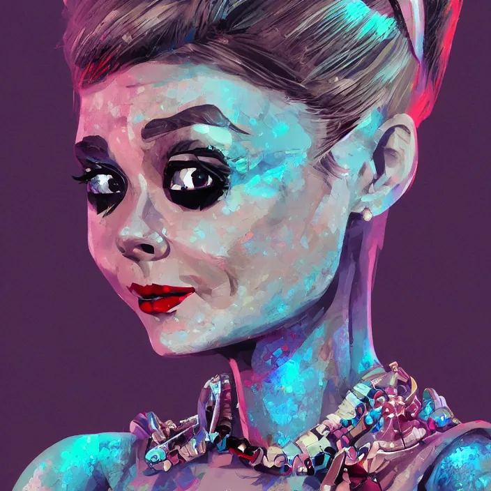 Image similar to portrait of Audrey Hepburn as a harley quinn. intricate abstract. intricate artwork. by Tooth Wu, wlop, beeple, dan mumford. octane render, trending on artstation, greg rutkowski very coherent symmetrical artwork. cinematic, hyper realism, high detail, octane render, 8k, iridescent accents