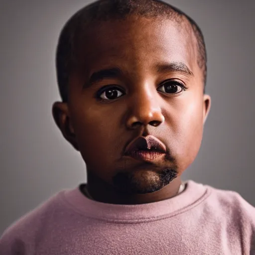 Image similar to the face of kanye west at 3 years old, portrait by julia cameron, chiaroscuro lighting, shallow depth of field, 8 0 mm, f 1. 8