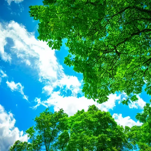 Image similar to blue sky, green trees and clouds