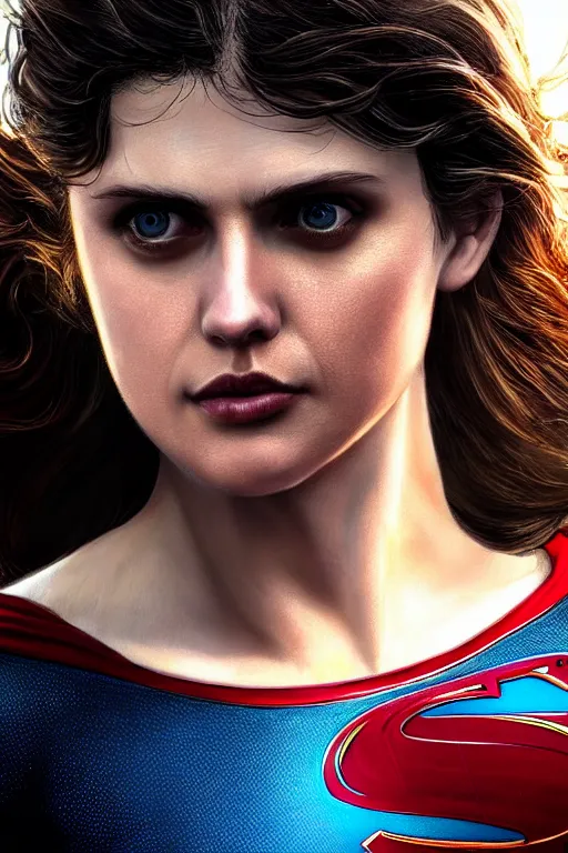 Image similar to a fancy close up of Man of Steel cast as Alexandra Daddario by Greg Rutkowski, Sung Choi, Mitchell Mohrhauser, Maciej Kuciara, Johnson Ting, Maxim Verehin, Peter Konig, 8k photorealistic, cinematic lighting, HD, high details, dramatic, trending on artstation, full body shot