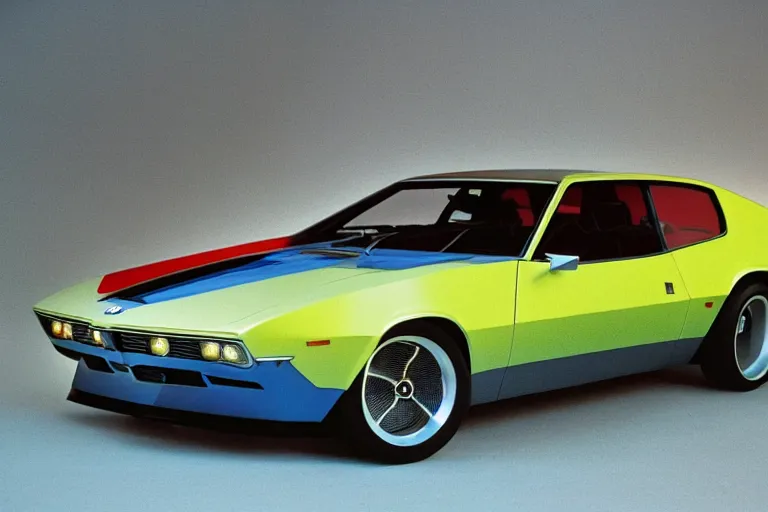 Image similar to designed by giorgetto giugiaro stylized poser of a single 1 9 7 3 bmw m 1 chevelle, thick neon lights, ektachrome photograph, volumetric lighting, f 8 aperture, cinematic eastman 5 3 8 4 film