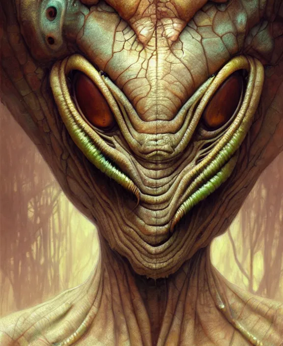 Image similar to intricate earth - toned portrait of a disturbing terrifying alien insect creature, mottling coloring, adorable, childlike, overgrown jungle environment, ultra realistic, concept art, art nouveau, photorealistic, octane render, 8 k, unreal engine. art by christopher marley and artgerm and greg rutkowski and alphonse mucha