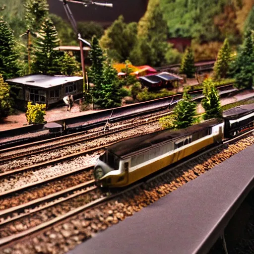 Prompt: a detailed photo of a railway diorama, zoom, model trees, table, studio lighting