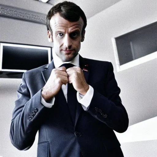 Prompt: Emmanuel Macron enjoying a big cigare, highly realistic details in American Psycho (1999)