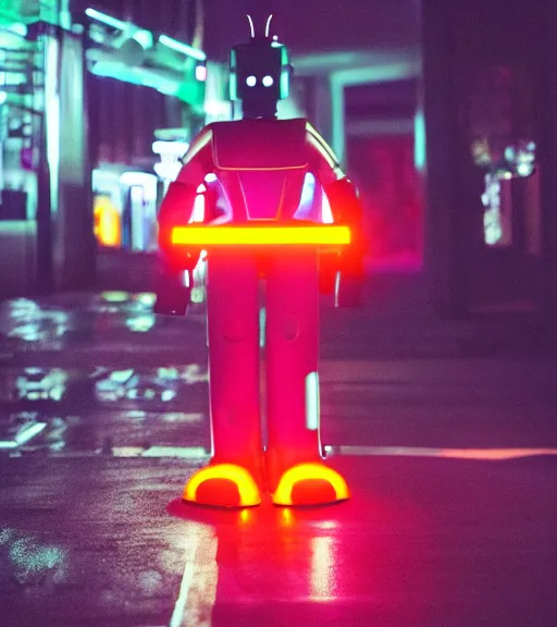 Image similar to portrait of robot lowlight neon lights, cinematic,4k,35mm,street photo, epic