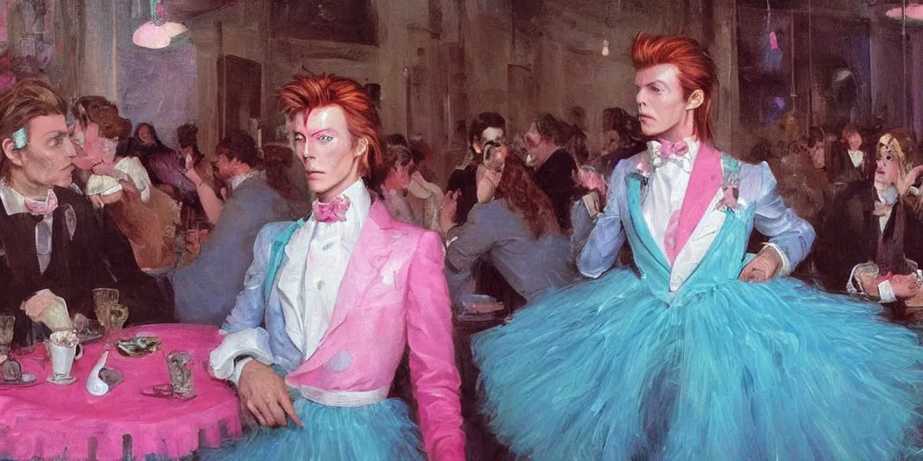 Image similar to 3 d david bowie, dressed in a pink, white, and teal ballgown, in an ice cream parlor, master painter and art style of noel coypel, art of emile eisman - semenowsky, art of edouard bisson