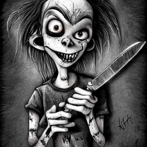 Image similar to grunge cartoon drawing of a cute chucky holding a knife by - michael karcz , in the style of corpse bride, loony toons style, horror themed, detailed, elegant, intricate