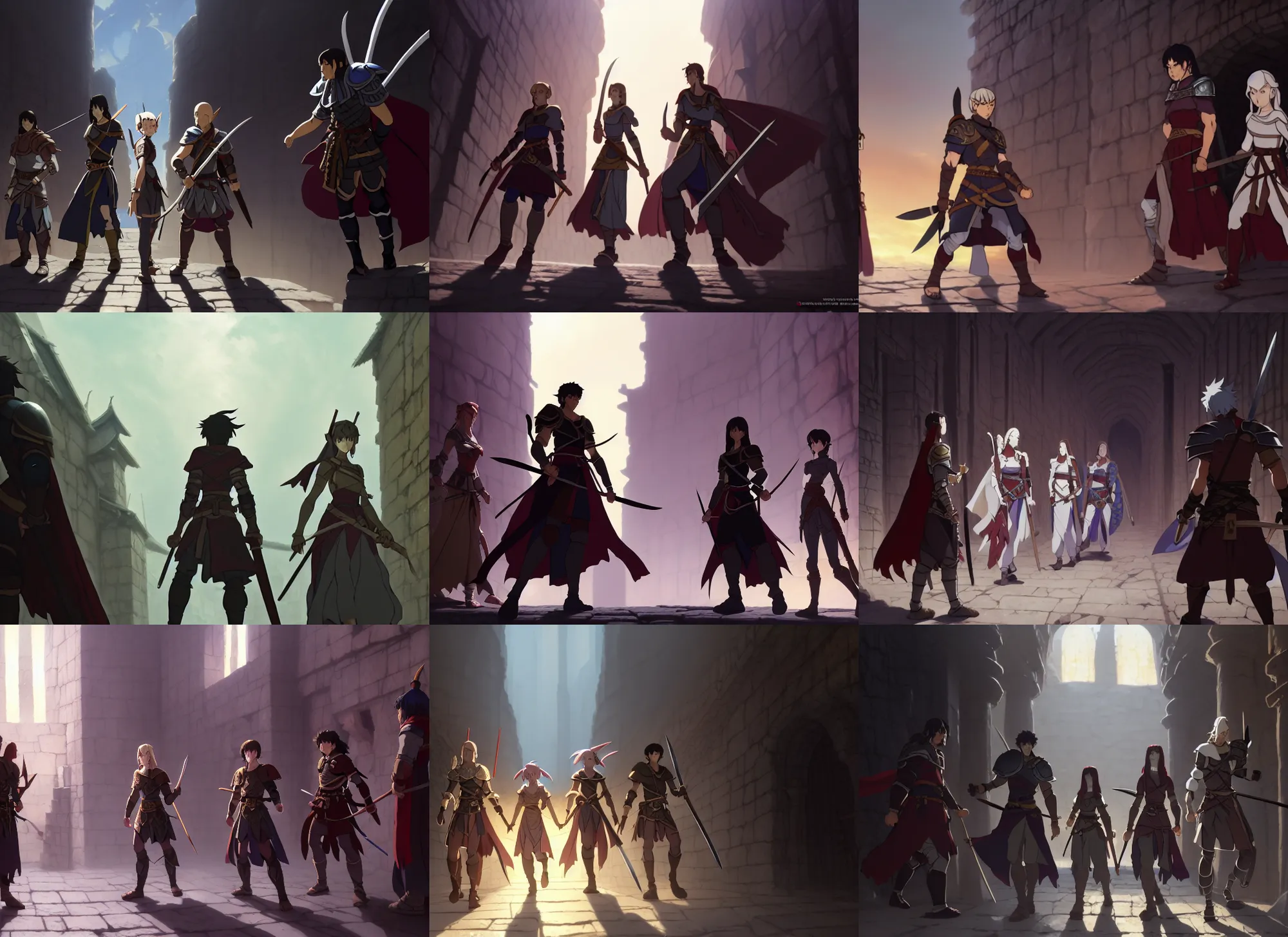 Prompt: a film still of an dnd, warrior and rogue and mage and cleric walking in dungeon, finely detailed features, closeup at the faces, perfect art, at an ancient city, gapmoe yandere grimdark, trending on pixiv fanbox, painted by greg rutkowski makoto shinkai takashi takeuchi studio ghibli, akihiko yoshida