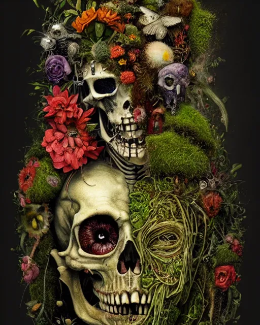 Prompt: 'Life from death' A horrifyingly detailed aesthetic horror full body portrait painting depicting 'A mossy skeleton with plants and flowers growing all over it, birds and insects flying all around it' by giuseppe arcimboldo and Rembrandt, Trending on cgsociety artstation, 8k, masterpiece, cinematic lighting, highly detailed, vibrant colors.