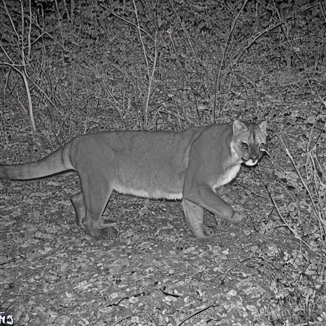 Image similar to cougar in forest at night, night vision goggles, shot from the ground up, grainy