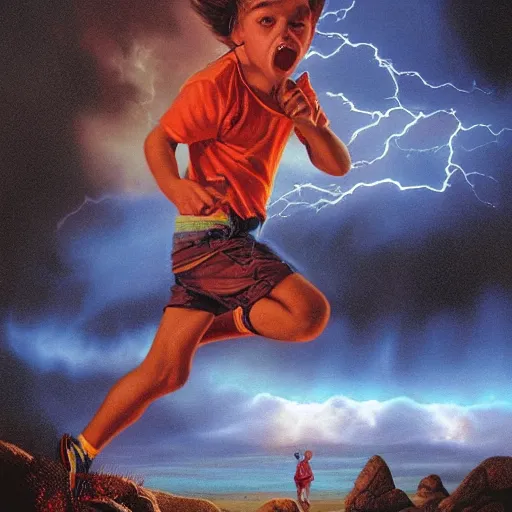 Image similar to a running child surrounded covered, lightning, vapor, mist, smoke, blood drops, fire, a highly detailed matte painting by John Philip Falter and Jason Edmiston