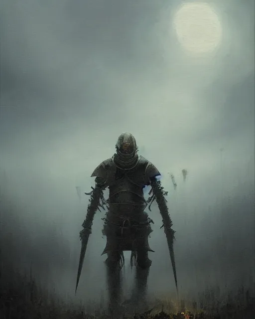 Image similar to Hyper realistic oil painting of an undead knight, knight in the foreground, fog, volumetric lighting, nighttime, moonlight, creepy, by greg rutkowski