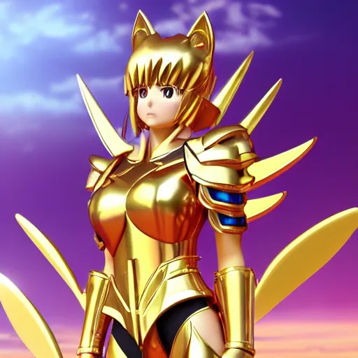 Prompt: photorealistic full shot of Saint Seiya knight wearing golden Cat armor as a cute anime girl, detailed, inspired by Masami Kurumada, unreal engine, ArtStation