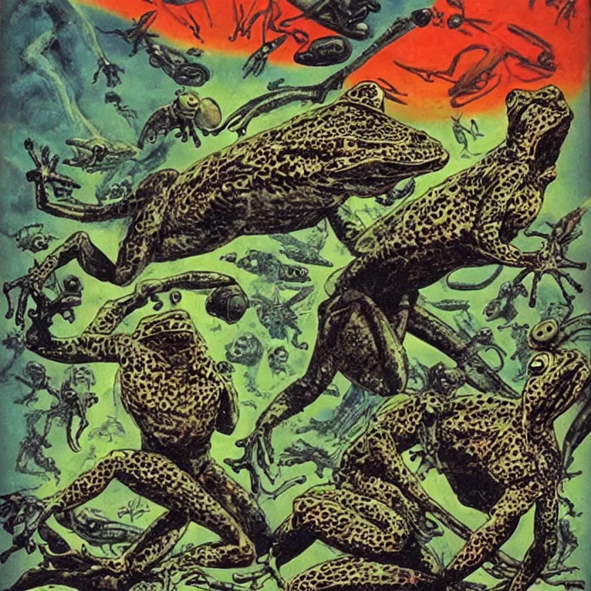 Image similar to alien frog, cheetah, and bird. strange anatomy. pulp sci - fi art.