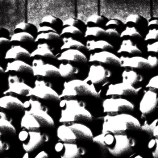 Image similar to The minions minions minions at the Nuremberg trials, monochrome, very low contrast, noise