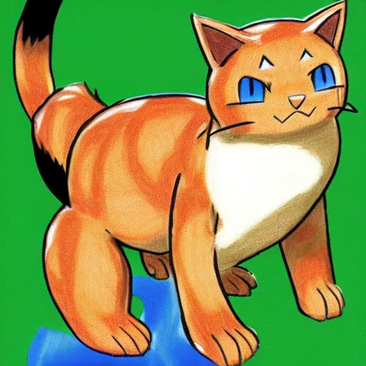 Image similar to an anime drawing of a tan cat with blue eyes and black feet, by ken sugimori in 1 9 9 8, for pokemon red and blue.