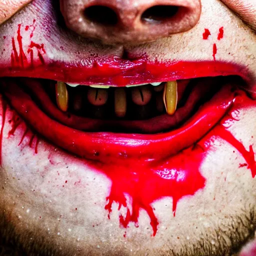 Prompt: extreme close up, portrait style, sideways teeth, horror, man, eyes wide open, pain, blood drip from eyeballs, colours, dark creature in background