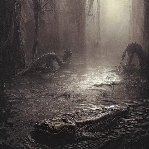 Prompt: a crocodile swimming in a swamp horror gustave dore greg rutkowski sinister by greg rutkowski, grey mist