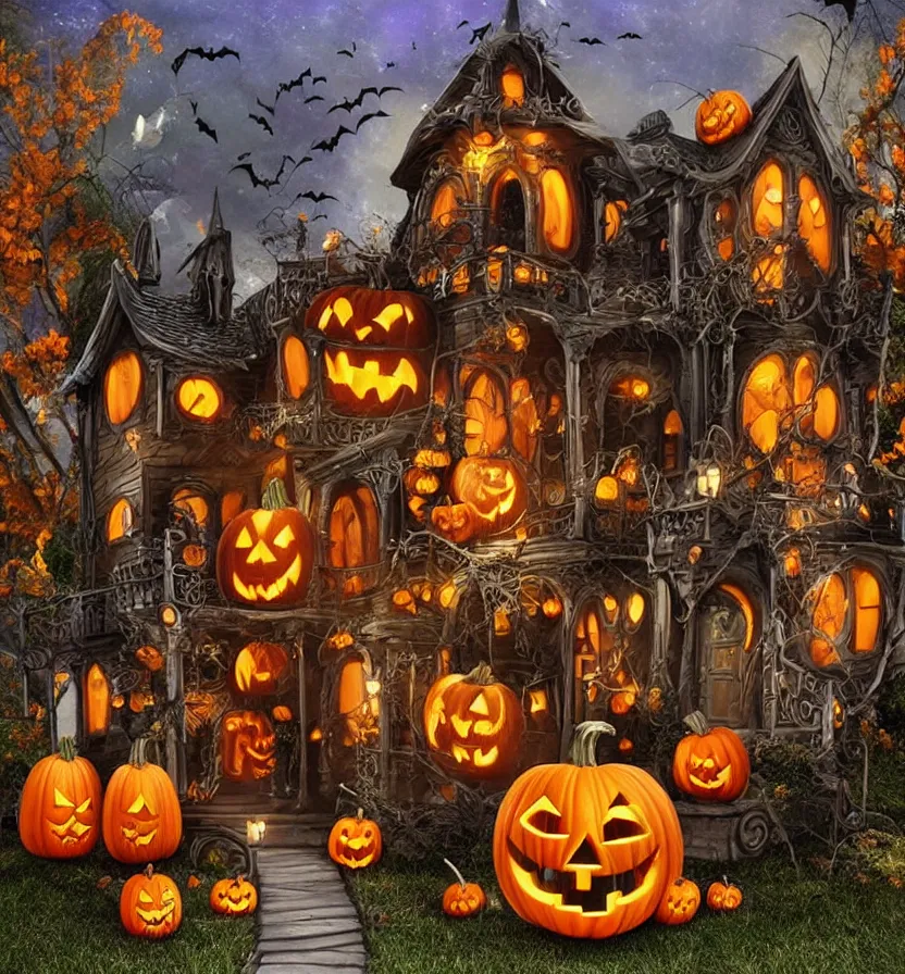 Image similar to a halloween house with pumpkins and jack - o - lantern decorations, a digital rendering by anne stokes, pinterest contest winner, gothic art, grotesque, diorama, made of cardboard