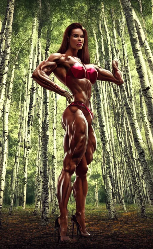 Image similar to photo of bodybuilder woman posing in birch forest in jeff koons hip hop bauhaus style, beautiful detailed face, ultra realistic, concept art, intricate details, serious, highly detailed, photorealistic, octane render, 8 k, unreal engine, art by todd mcfarlane